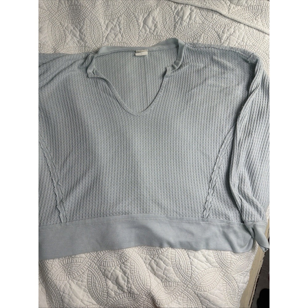By Together V Neck Sweatshirt Lt Blue Oversized Waffle Knit Boho Top Soft Comfy